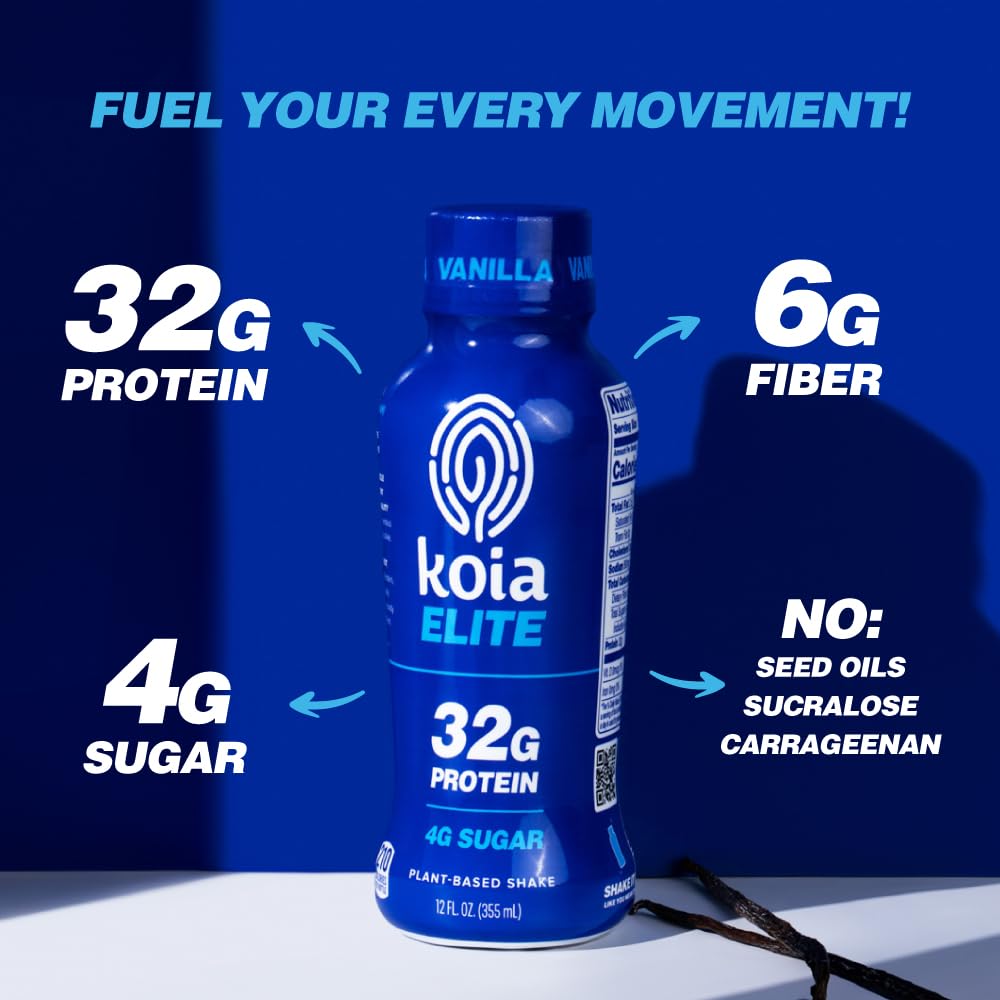 Koia Elite Plant Based Protein Shake, Vanilla, 32g Protein, 4g Sugar, 6g Prebiotic Fiber, Pre & Post Workout Nutritional Drink, No Seed Oils, Dairy-Free, Gluten-Free, Non-GMO, 12 Fl Oz (Pack of 12)