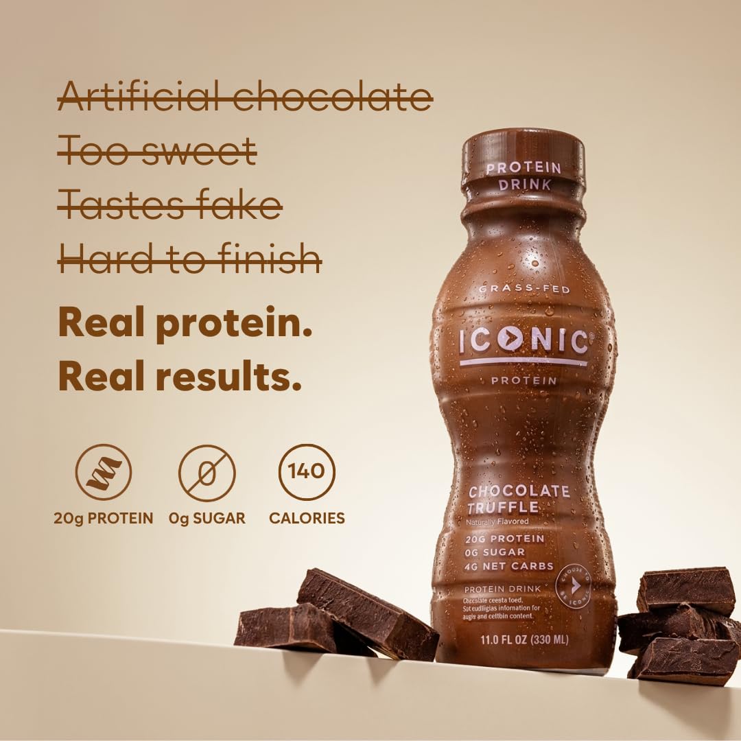 Iconic Protein Drinks, Chocolate Truffle (12 Pack) - Sugar Free & Low Carb - 20g Grass Fed Protein - Lactose Free, Gluten Free, Non-GMO, Kosher - Keto Friendly Protein Shakes