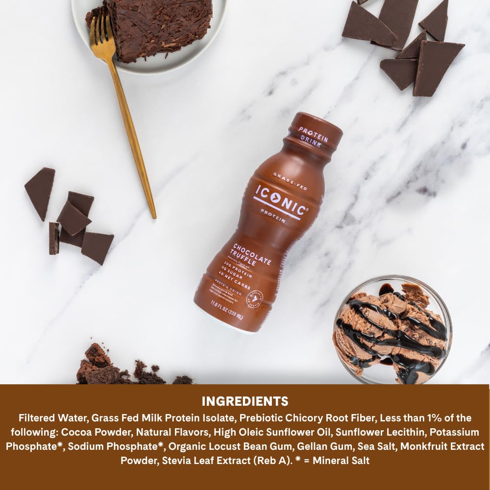 Iconic Protein Drinks, Chocolate Truffle (12 Pack) - Sugar Free & Low Carb - 20g Grass Fed Protein - Lactose Free, Gluten Free, Non-GMO, Kosher - Keto Friendly Protein Shakes