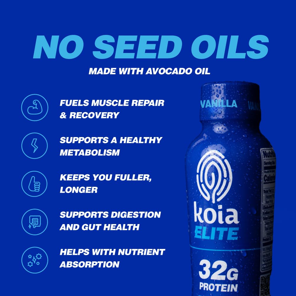 Koia Elite Plant Based Protein Shake, Vanilla, 32g Protein, 4g Sugar, 6g Prebiotic Fiber, Pre & Post Workout Nutritional Drink, No Seed Oils, Dairy-Free, Gluten-Free, Non-GMO, 12 Fl Oz (Pack of 12)