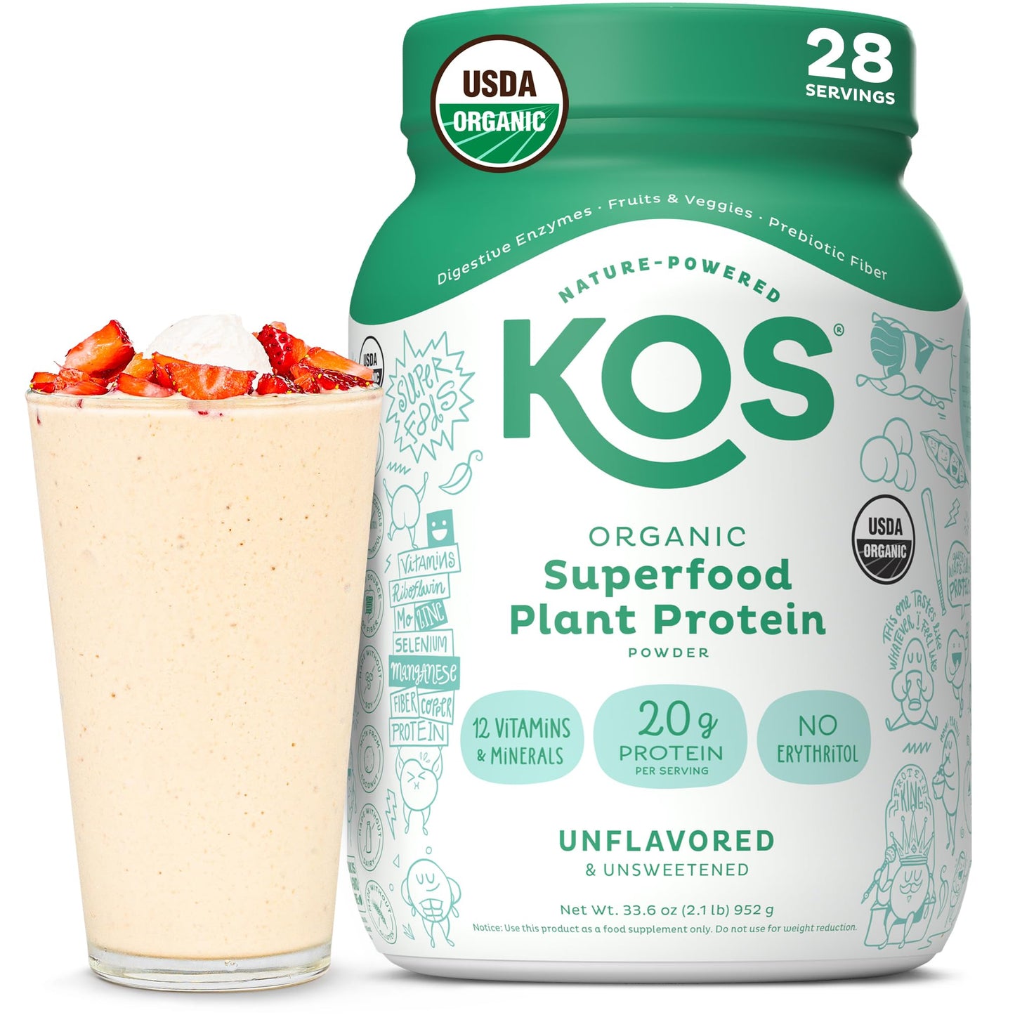 KOS Vegan Protein Powder Erythritol Free, Vanilla USDA Organic - Pea Protein Blend, Plant Based Superfood Rich in Vitamins & Minerals - Keto, Dairy Free - Meal Replacement for Women & Men, 28 Servings
