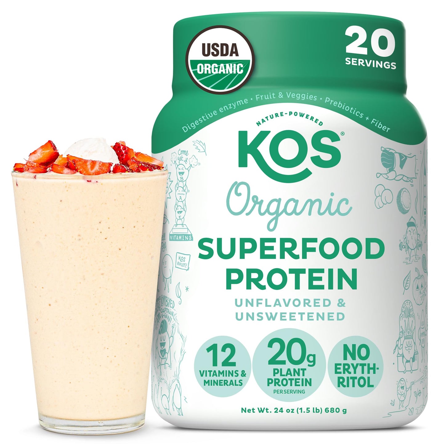 KOS Vegan Protein Powder Erythritol Free, Vanilla USDA Organic - Pea Protein Blend, Plant Based Superfood Rich in Vitamins & Minerals - Keto, Dairy Free - Meal Replacement for Women & Men, 28 Servings