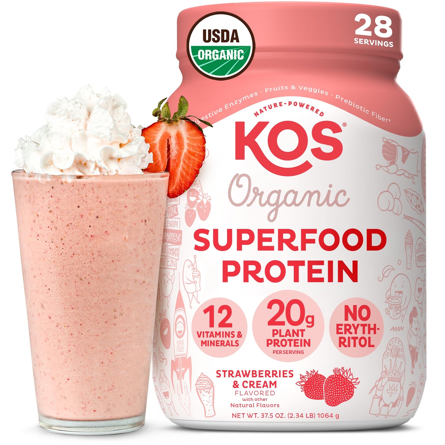 KOS Vegan Protein Powder Erythritol Free, Vanilla USDA Organic - Pea Protein Blend, Plant Based Superfood Rich in Vitamins & Minerals - Keto, Dairy Free - Meal Replacement for Women & Men, 28 Servings