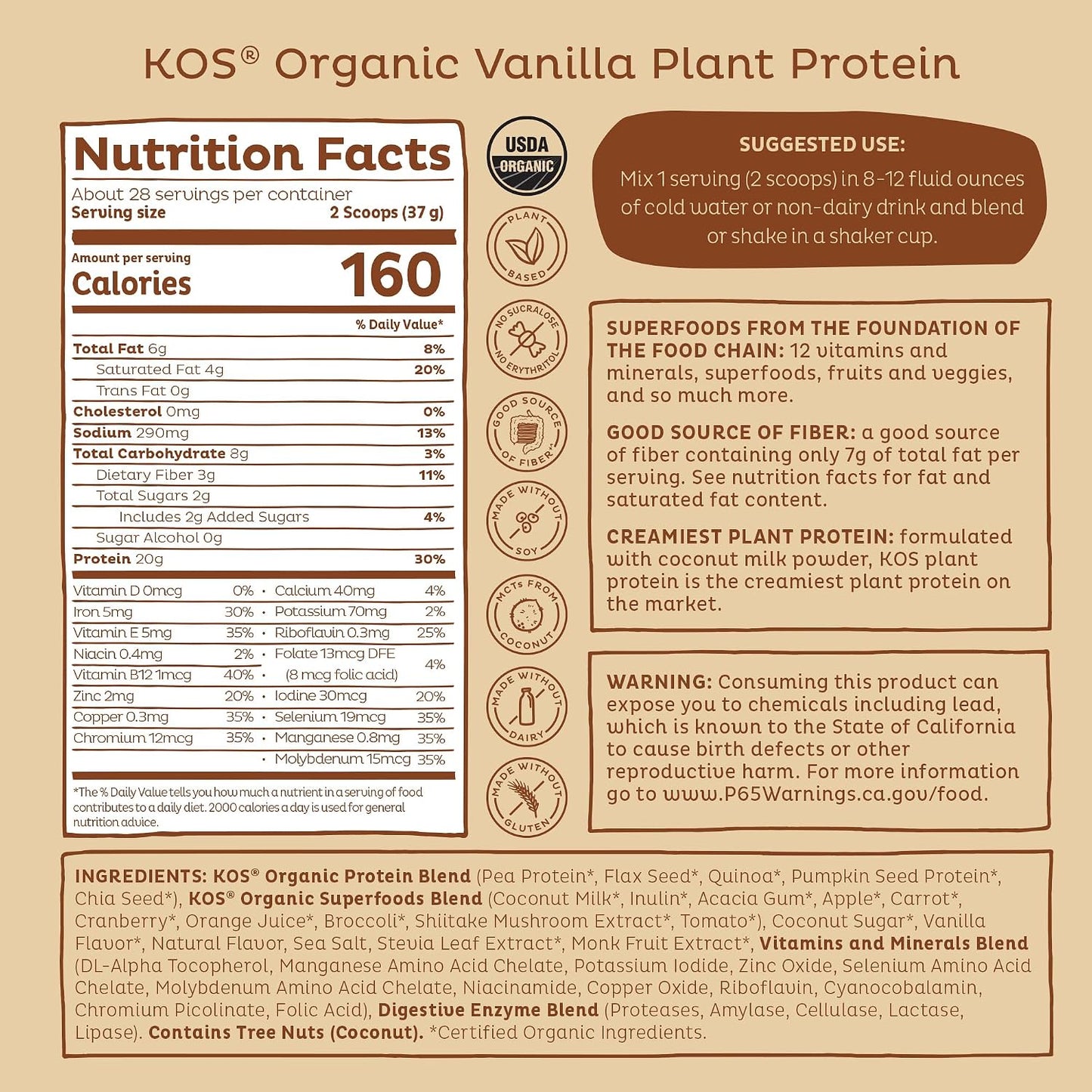 KOS Vegan Protein Powder Erythritol Free, Vanilla USDA Organic - Pea Protein Blend, Plant Based Superfood Rich in Vitamins & Minerals - Keto, Dairy Free - Meal Replacement for Women & Men, 28 Servings