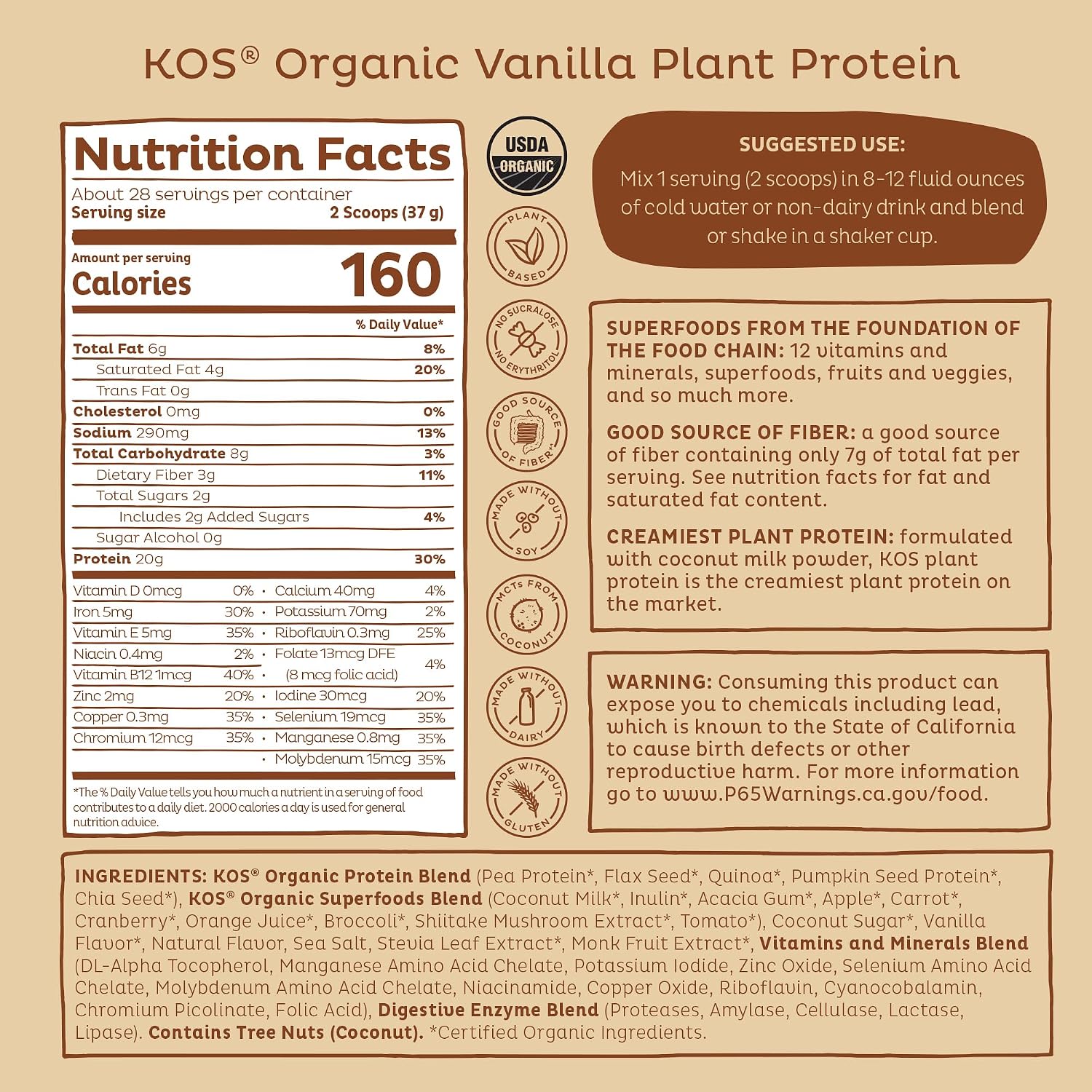 KOS Vegan Protein Powder Erythritol Free, Vanilla USDA Organic - Pea Protein Blend, Plant Based Superfood Rich in Vitamins & Minerals - Keto, Dairy Free - Meal Replacement for Women & Men, 28 Servings