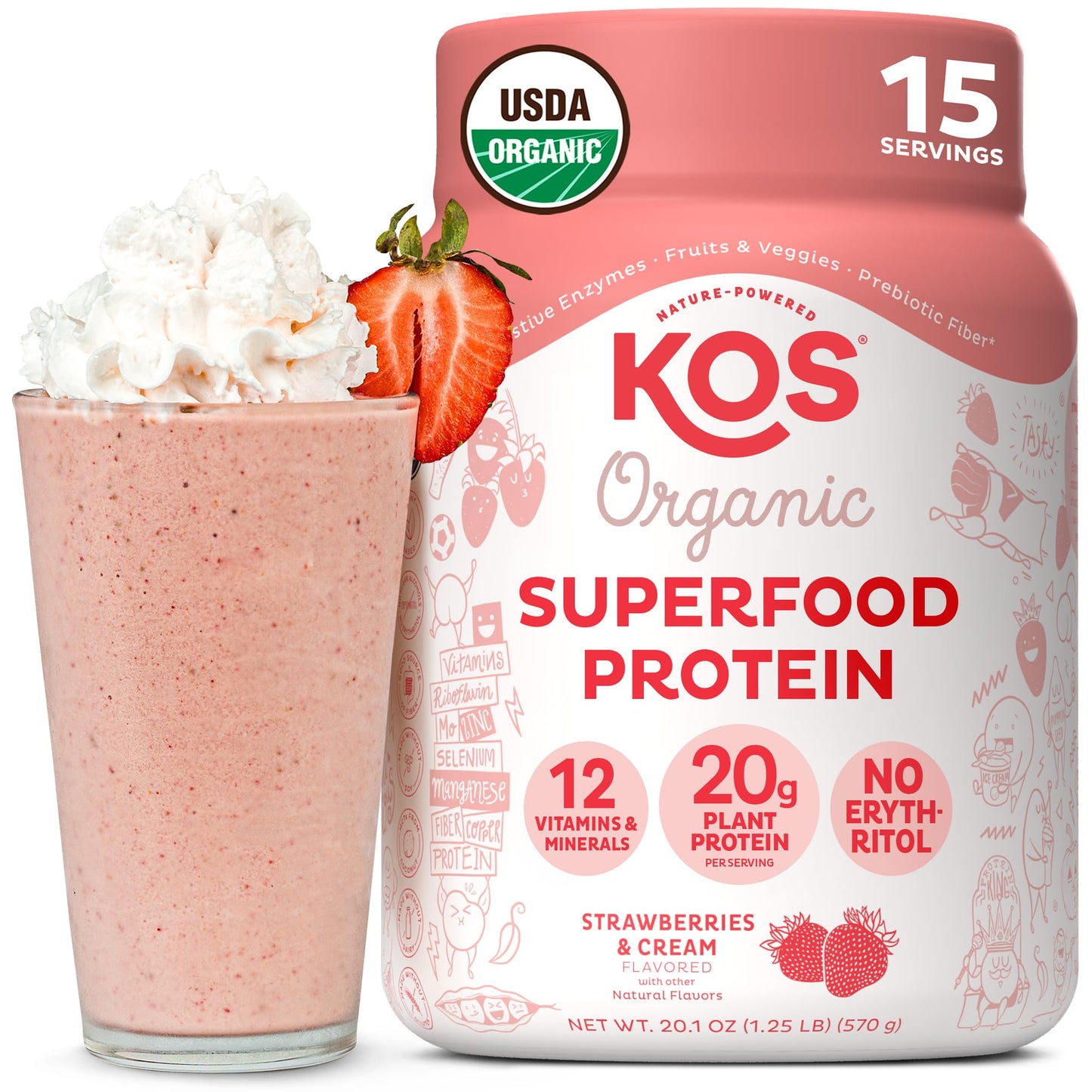 KOS Vegan Protein Powder Erythritol Free, Vanilla USDA Organic - Pea Protein Blend, Plant Based Superfood Rich in Vitamins & Minerals - Keto, Dairy Free - Meal Replacement for Women & Men, 28 Servings