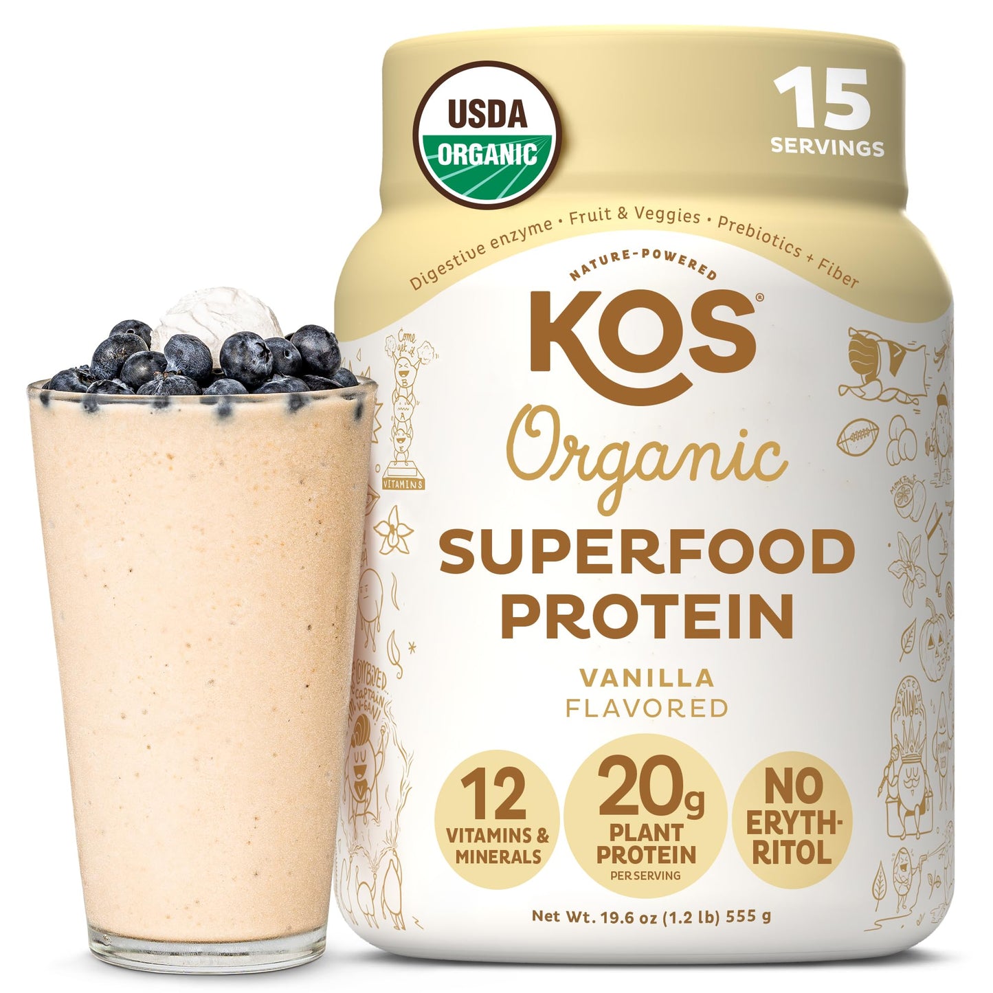 KOS Vegan Protein Powder Erythritol Free, Vanilla USDA Organic - Pea Protein Blend, Plant Based Superfood Rich in Vitamins & Minerals - Keto, Dairy Free - Meal Replacement for Women & Men, 28 Servings