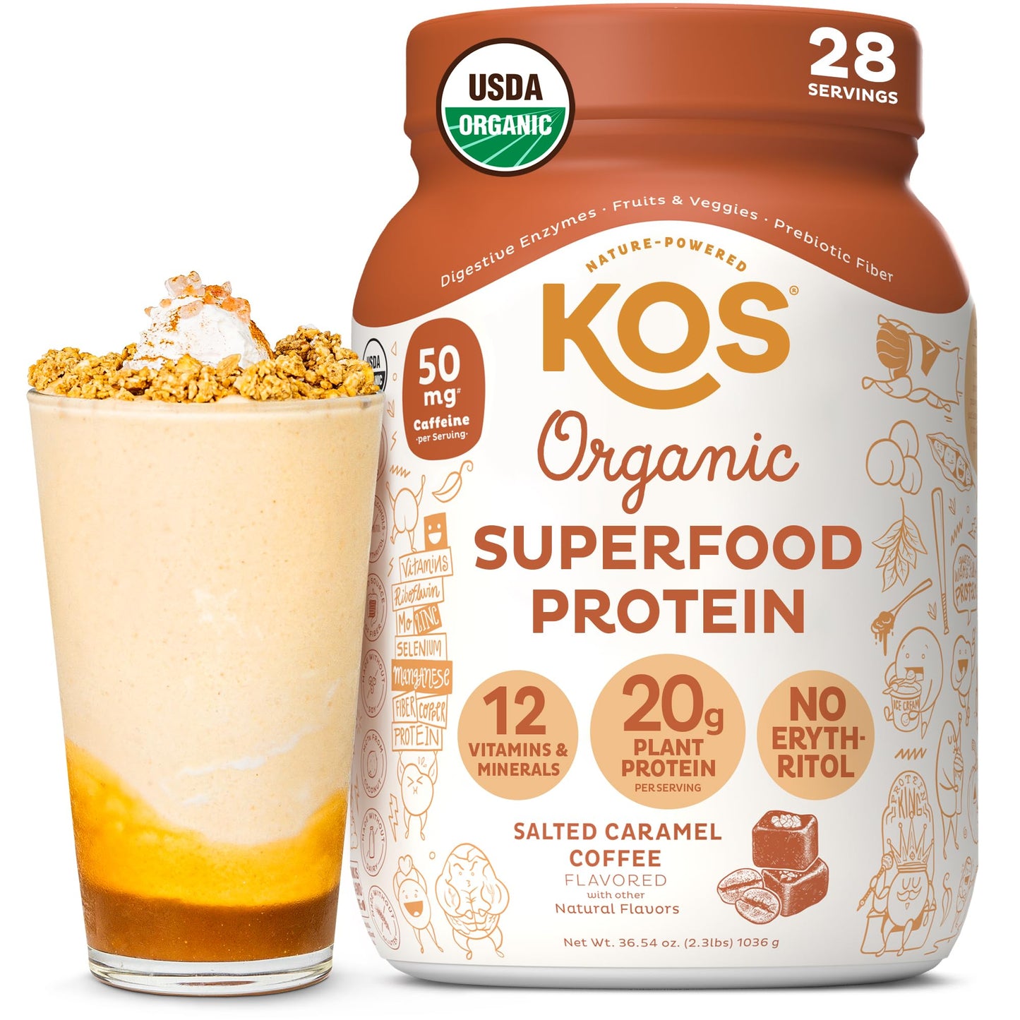 KOS Vegan Protein Powder Erythritol Free, Vanilla USDA Organic - Pea Protein Blend, Plant Based Superfood Rich in Vitamins & Minerals - Keto, Dairy Free - Meal Replacement for Women & Men, 28 Servings