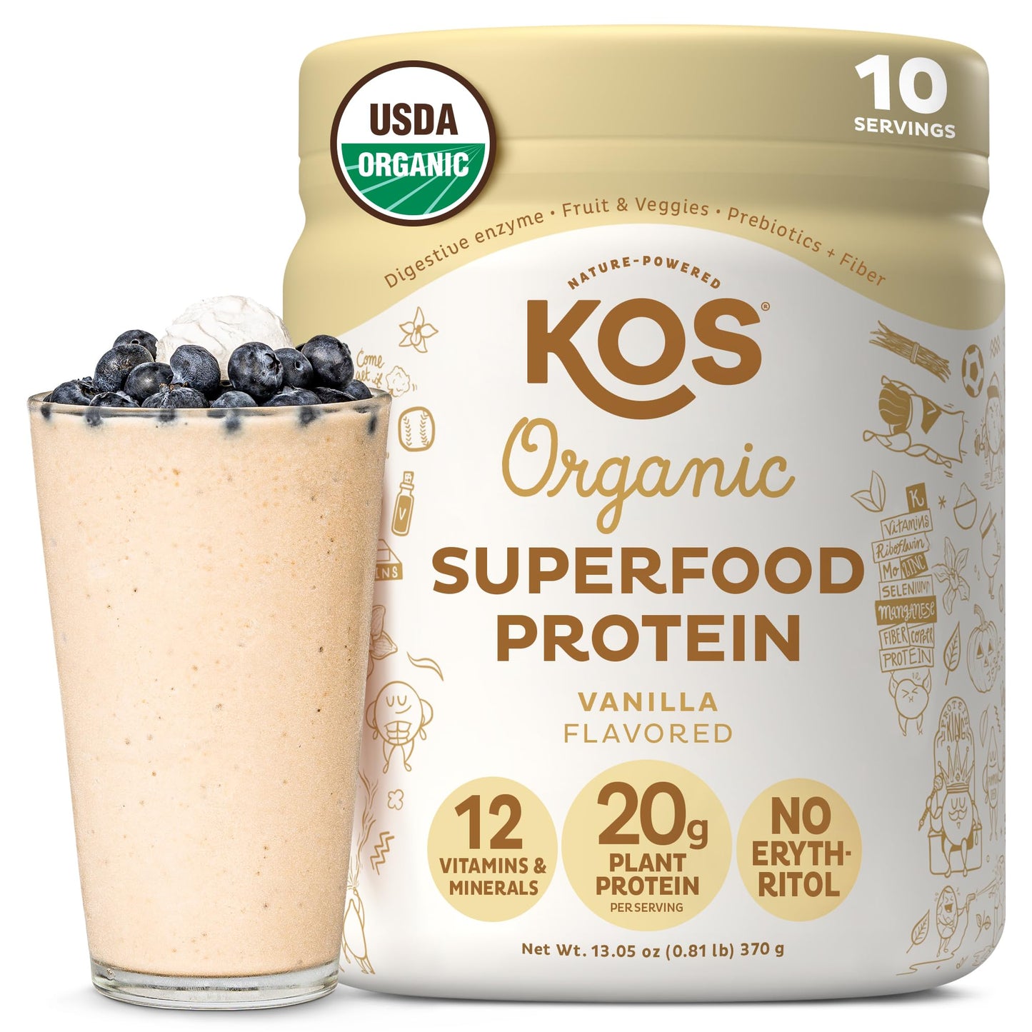 KOS Vegan Protein Powder Erythritol Free, Vanilla USDA Organic - Pea Protein Blend, Plant Based Superfood Rich in Vitamins & Minerals - Keto, Dairy Free - Meal Replacement for Women & Men, 28 Servings