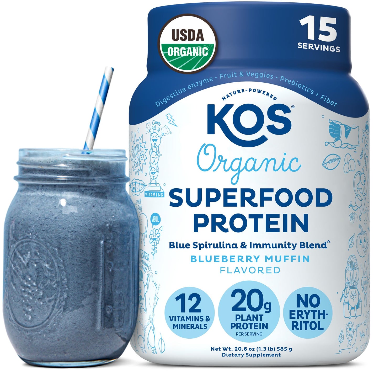 KOS Vegan Protein Powder Erythritol Free, Vanilla USDA Organic - Pea Protein Blend, Plant Based Superfood Rich in Vitamins & Minerals - Keto, Dairy Free - Meal Replacement for Women & Men, 28 Servings