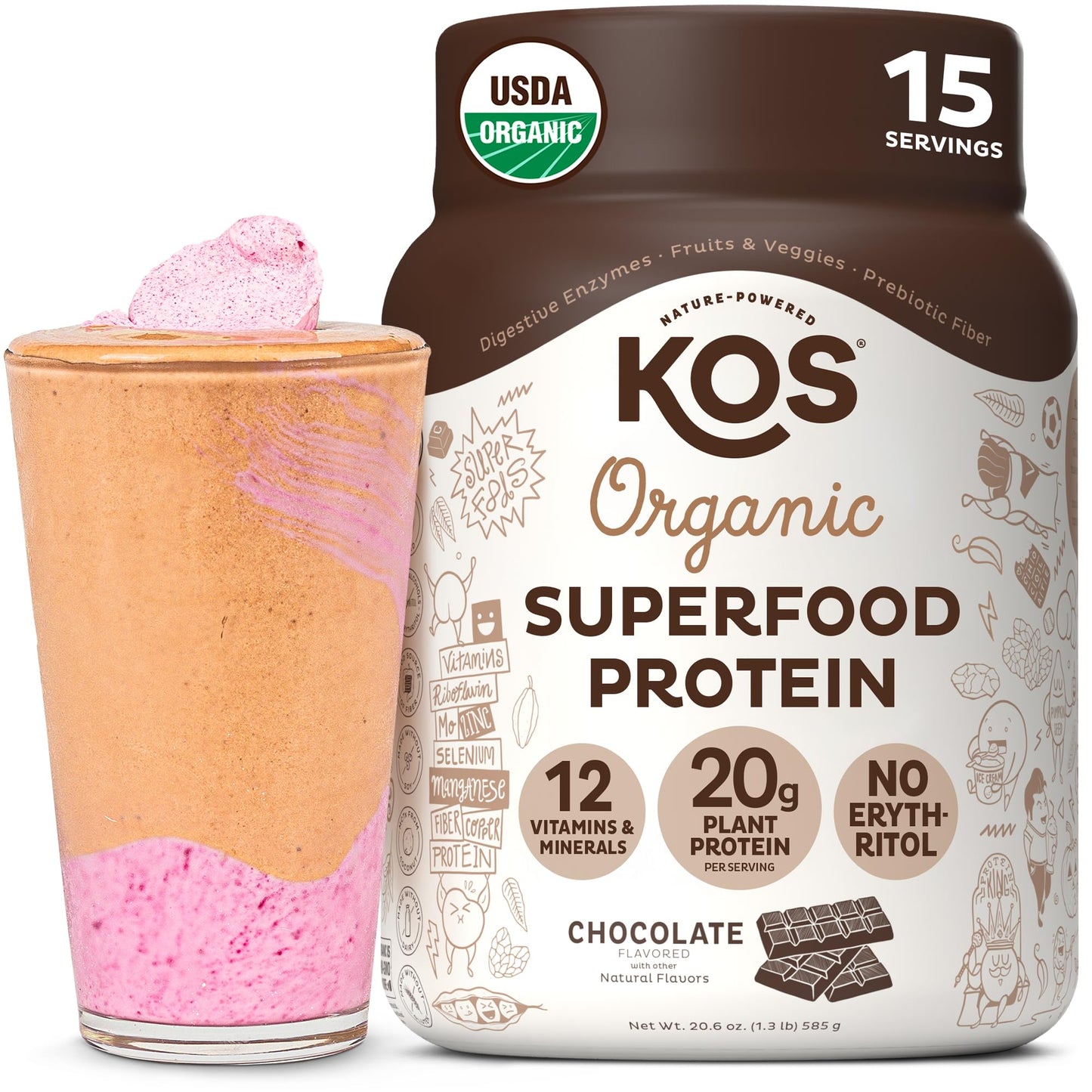 KOS Vegan Protein Powder Erythritol Free, Vanilla USDA Organic - Pea Protein Blend, Plant Based Superfood Rich in Vitamins & Minerals - Keto, Dairy Free - Meal Replacement for Women & Men, 28 Servings