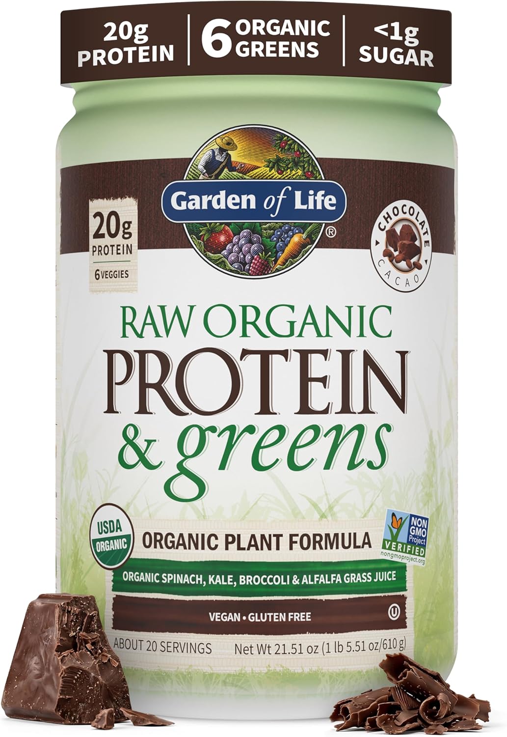 Garden of Life Raw Organic Protein & Greens Powder, Chocolate, 20 Servings