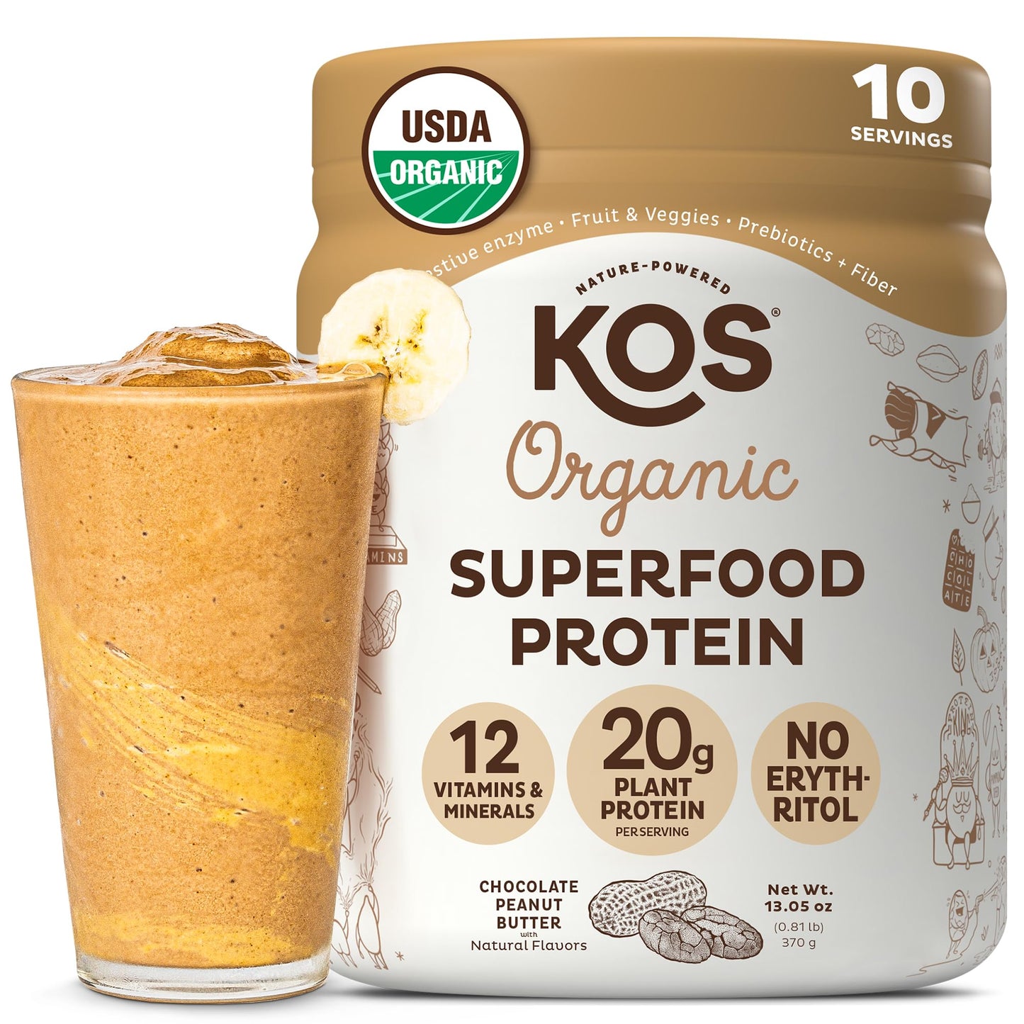 KOS Vegan Protein Powder Erythritol Free, Vanilla USDA Organic - Pea Protein Blend, Plant Based Superfood Rich in Vitamins & Minerals - Keto, Dairy Free - Meal Replacement for Women & Men, 28 Servings