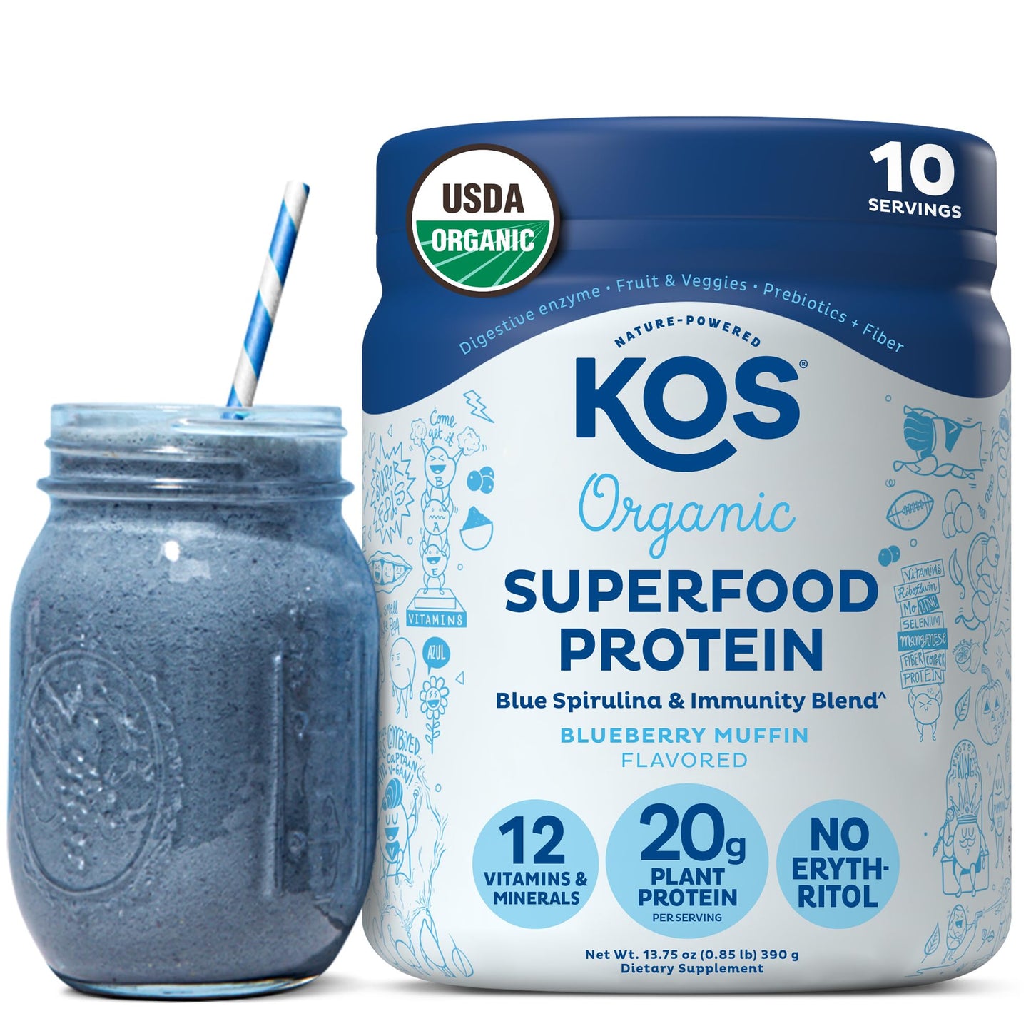 KOS Vegan Protein Powder Erythritol Free, Vanilla USDA Organic - Pea Protein Blend, Plant Based Superfood Rich in Vitamins & Minerals - Keto, Dairy Free - Meal Replacement for Women & Men, 28 Servings
