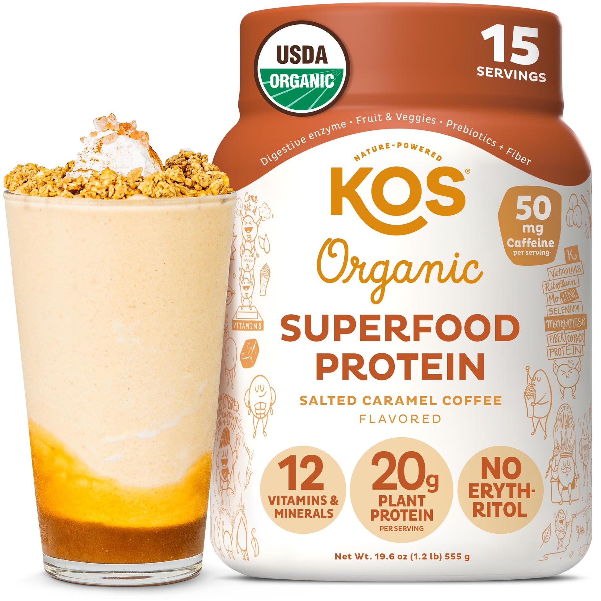 KOS Vegan Protein Powder Erythritol Free, Vanilla USDA Organic - Pea Protein Blend, Plant Based Superfood Rich in Vitamins & Minerals - Keto, Dairy Free - Meal Replacement for Women & Men, 28 Servings