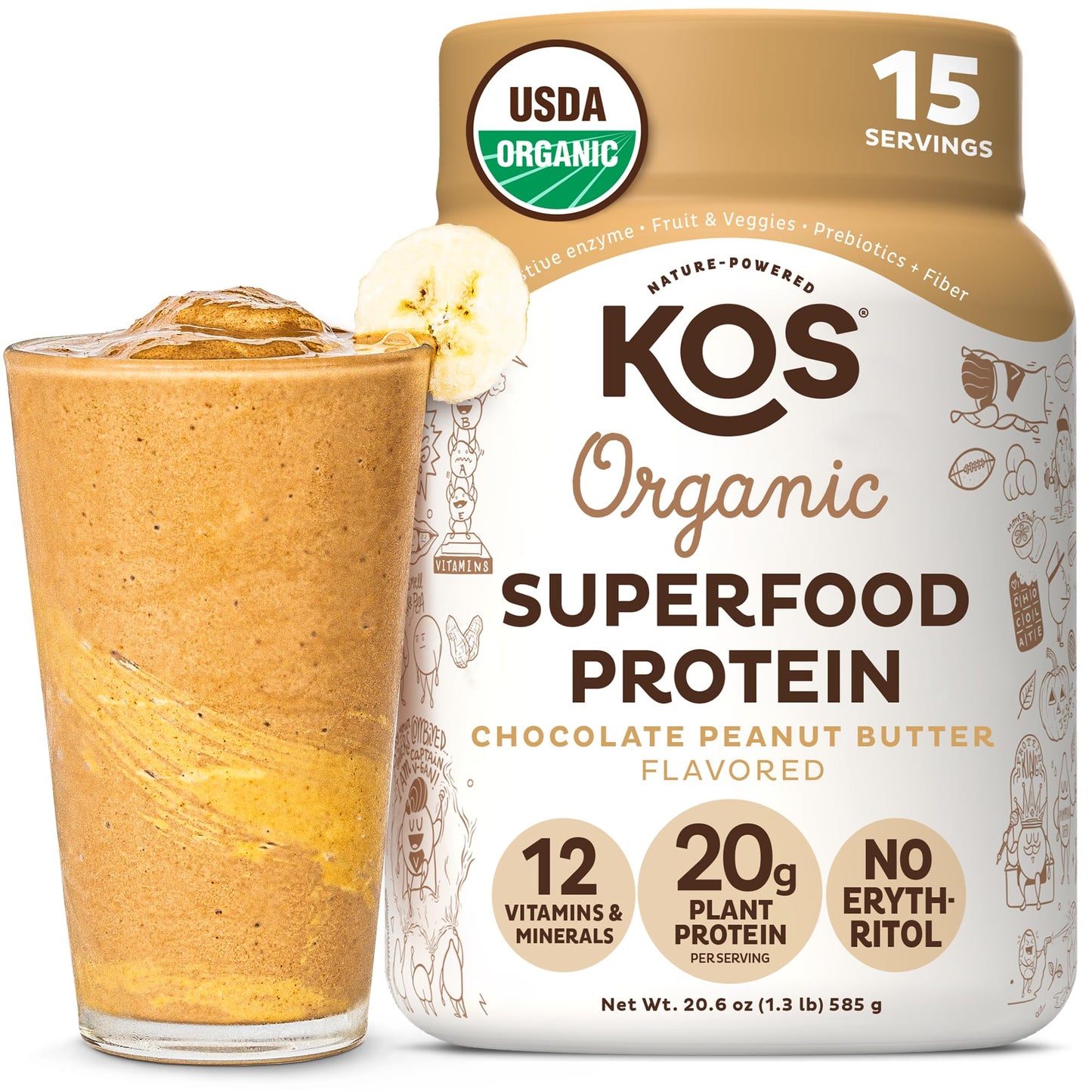 KOS Vegan Protein Powder Erythritol Free, Vanilla USDA Organic - Pea Protein Blend, Plant Based Superfood Rich in Vitamins & Minerals - Keto, Dairy Free - Meal Replacement for Women & Men, 28 Servings