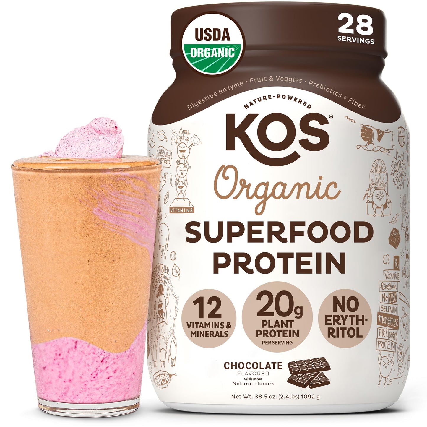 KOS Vegan Protein Powder Erythritol Free, Vanilla USDA Organic - Pea Protein Blend, Plant Based Superfood Rich in Vitamins & Minerals - Keto, Dairy Free - Meal Replacement for Women & Men, 28 Servings