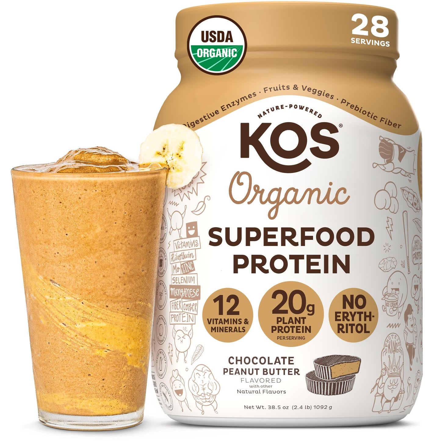 KOS Vegan Protein Powder Erythritol Free, Vanilla USDA Organic - Pea Protein Blend, Plant Based Superfood Rich in Vitamins & Minerals - Keto, Dairy Free - Meal Replacement for Women & Men, 28 Servings